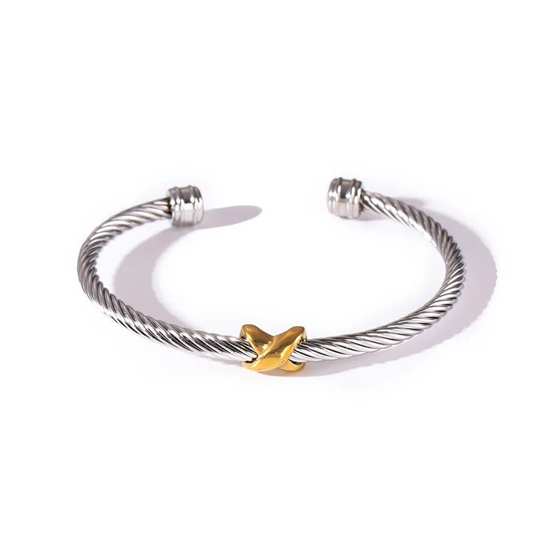 1pcs Stainless Steel Gold-plated Bangle Trendy Retro Hip-hop Style Bracelet Fried Dough Twists Steel Wire Rope Colorfast Bangle