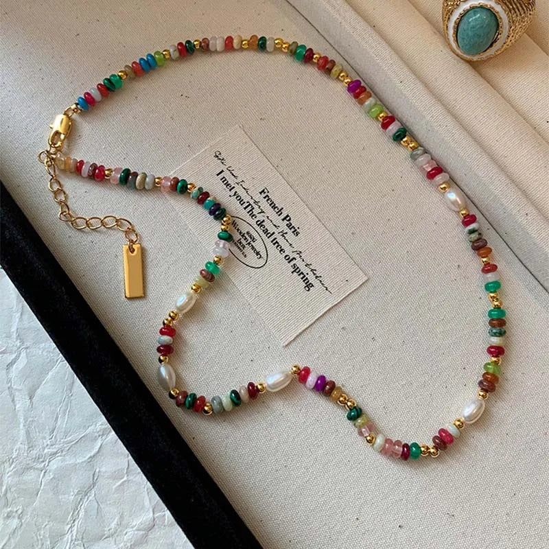 Fashion Colorful Beads Stone Natural Freshwater Pearl Necklaces For Women Retro Gold Color Clavicle Chain Necklace Jewelry Gifts