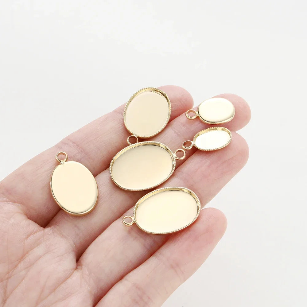 10Pcs/Lot 14K 18K Gold Plated Cabochon With Hole Pendant Base Blank Tray Bezel DIY Handmade Pendant Jewelry Making Findings