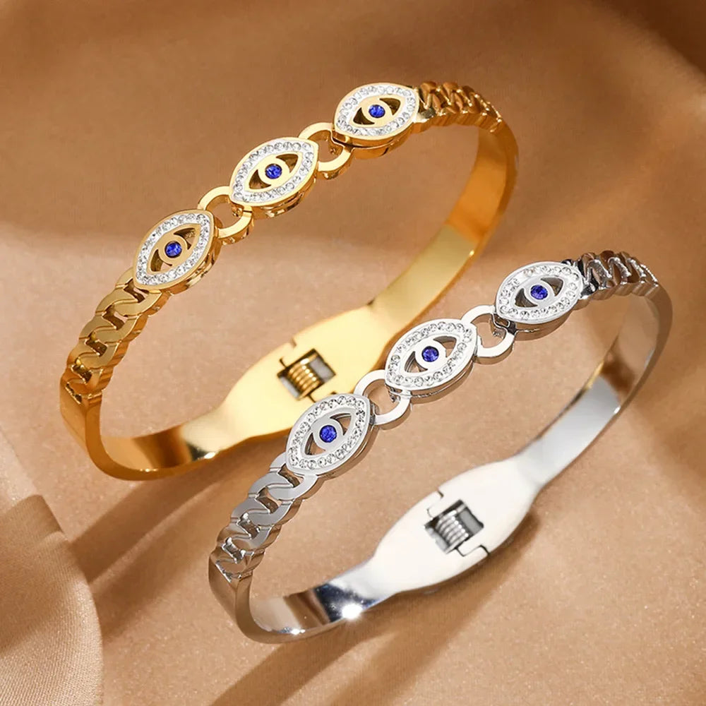 Fashion Stainless Steel Bracelet For Women Men Evil Eye Cuff Bangles Gold Plated Spring Buckle Lucky Amulet Jewelry Accessories