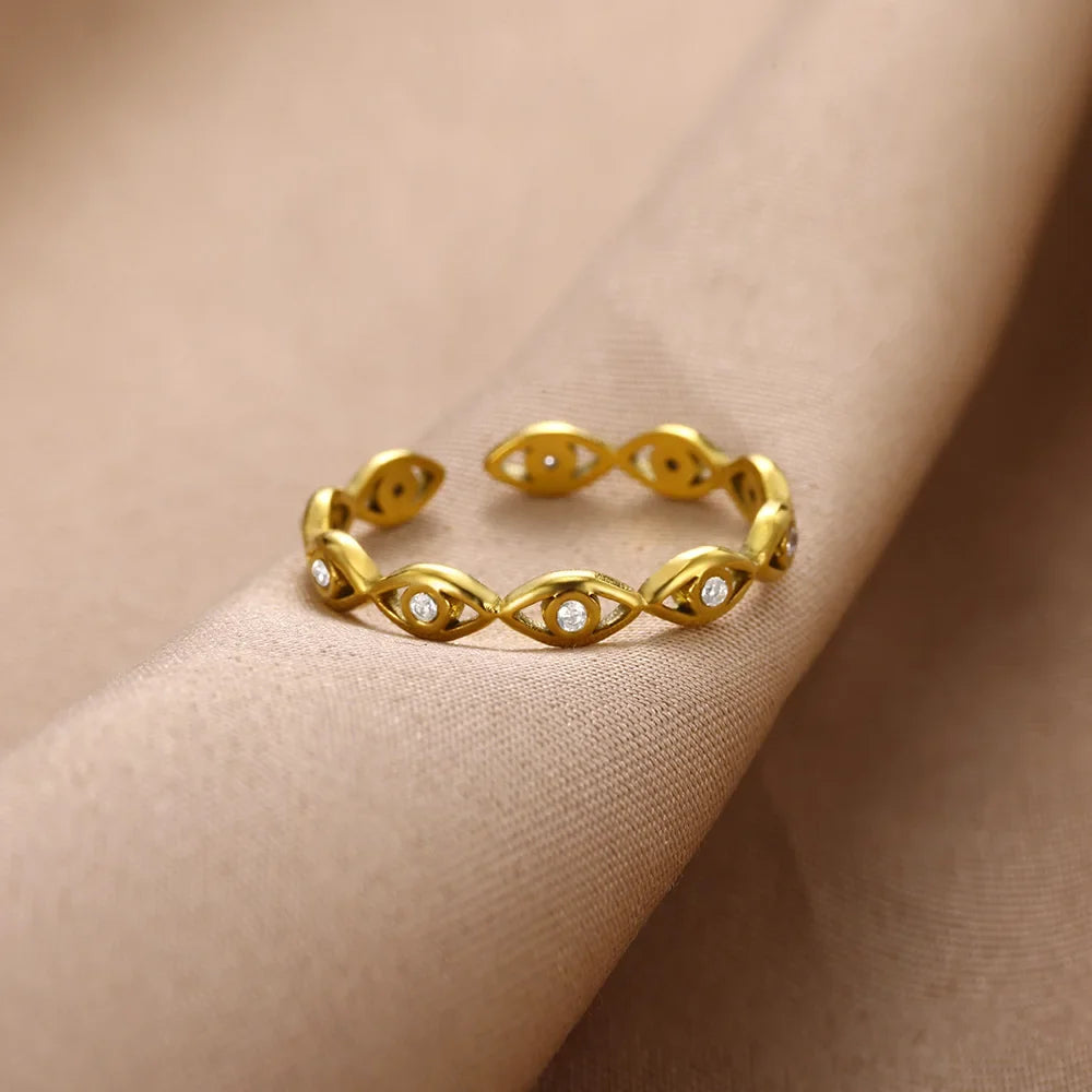 Green Zircon Evil Eye Rings For Women Stainless Steel Gold Color Geometric Open Ring New Wedding Waterproof Fashion Jewelry Gift