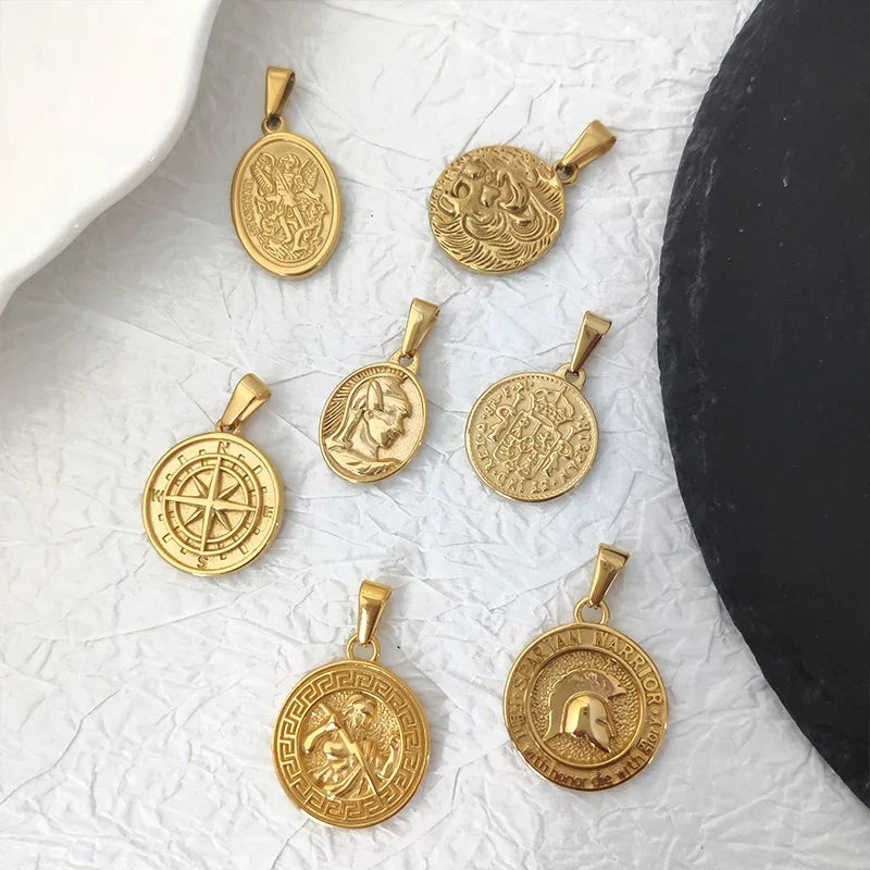 Stainless Steel Vintage Round Portrait Coin St. Michael Compass Pendants Charm For Women Necklace Making Diy Jewelry