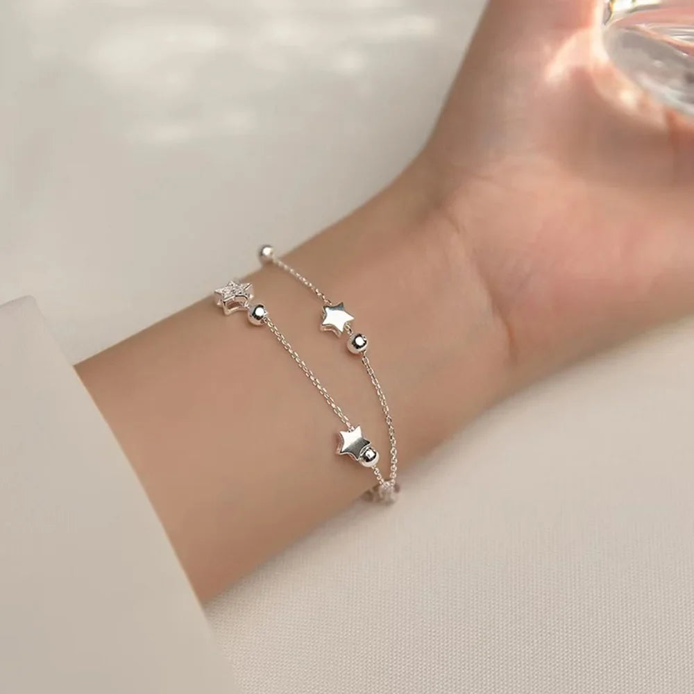 925 Stamp Silver Color Star Bracelet Fashion Korean Five-pointed Stars Crystal Double Bracelet Dropshipping Wholesale