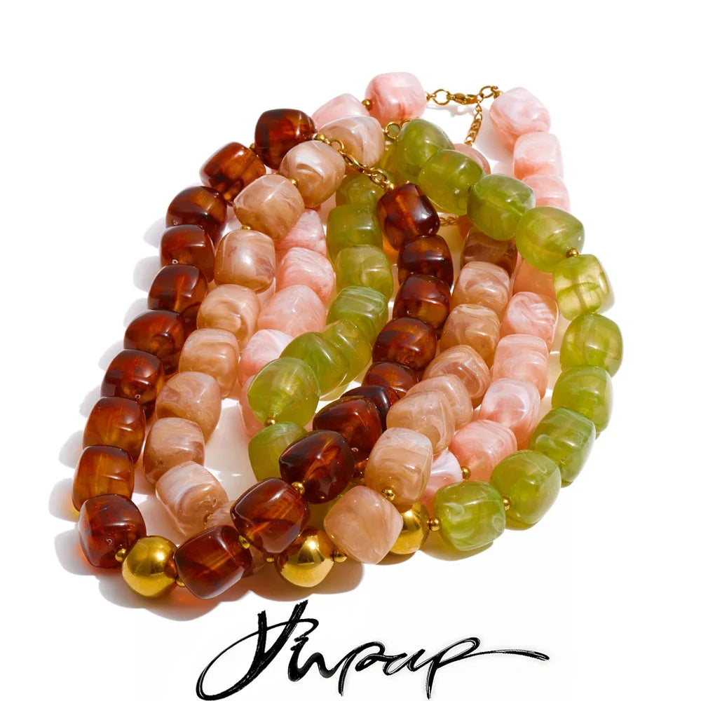 Yhpup Acrylic Square Beads Chain Necklace Bracelet Bangle Stainless Steel Handmade Jewelry Waterproof Green Khaki Pink Amber