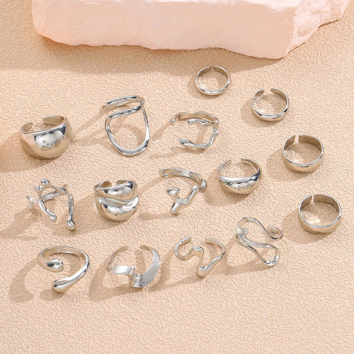 15Pcs Punk Smooth Geometric Open Rings Set For Women Exaggerated Irregular Silver Color Thick Chunky Ring Hip Hop Jewelry Gifts