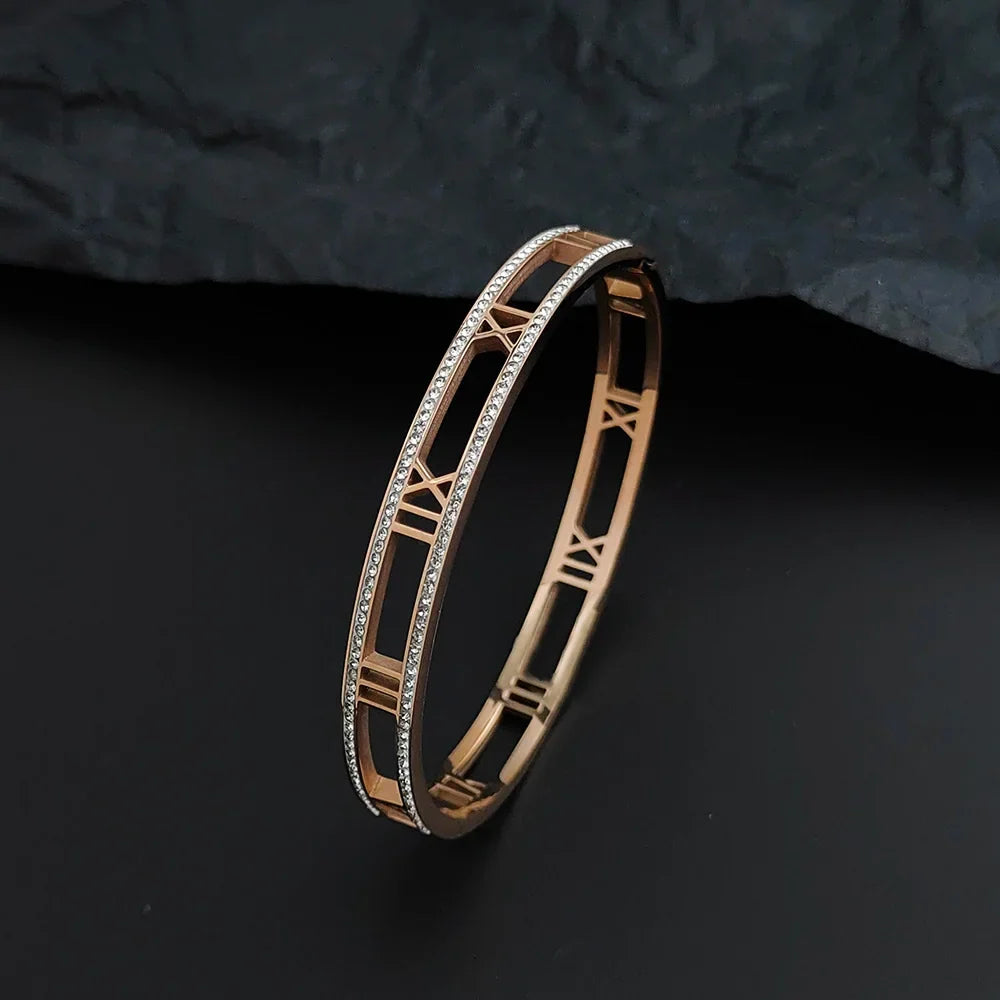 Luxury Crystal Hollow Roman Numeral Bracelets For Women Men Stainless Steel Unisex Bangle Fashion Classic Jewelry Accessories