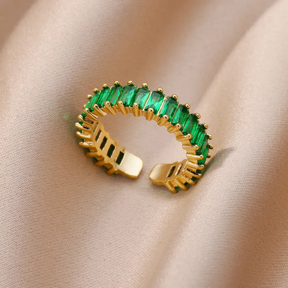 Gold Color Cubic Zircon Rings For Women Open Stainless Steel Green Luxury Crystal Finger Ring Boho Jewelry Wedding Party Gift