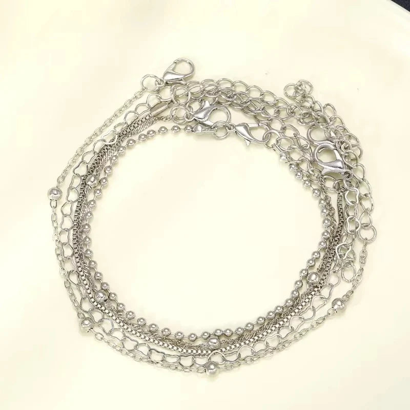 5 Pcs Set Silver Color Chain Bead Bracelets for Women Simple Elegant Vacation Beach Party Casual Jewelry Versatile Daily Wear
