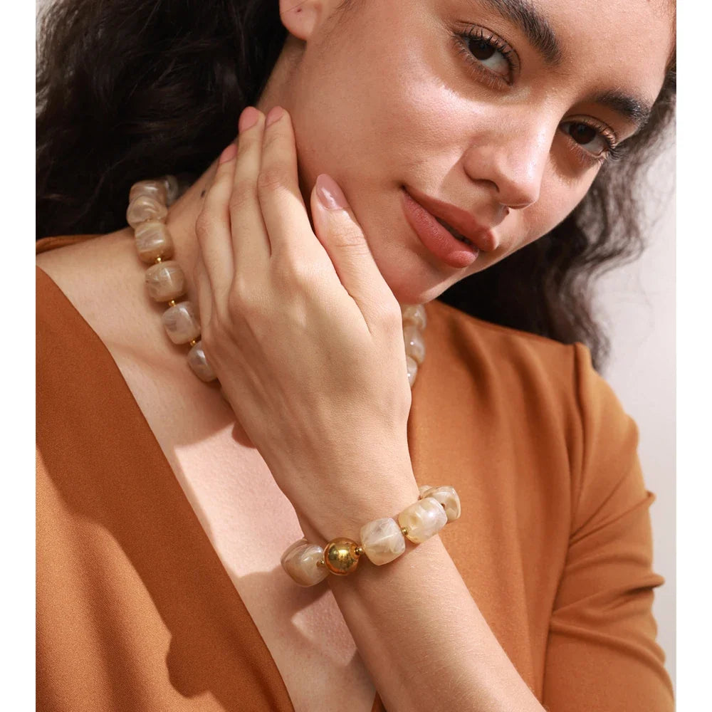 Yhpup Acrylic Square Beads Chain Necklace Bracelet Bangle Stainless Steel Handmade Jewelry Waterproof Green Khaki Pink Amber