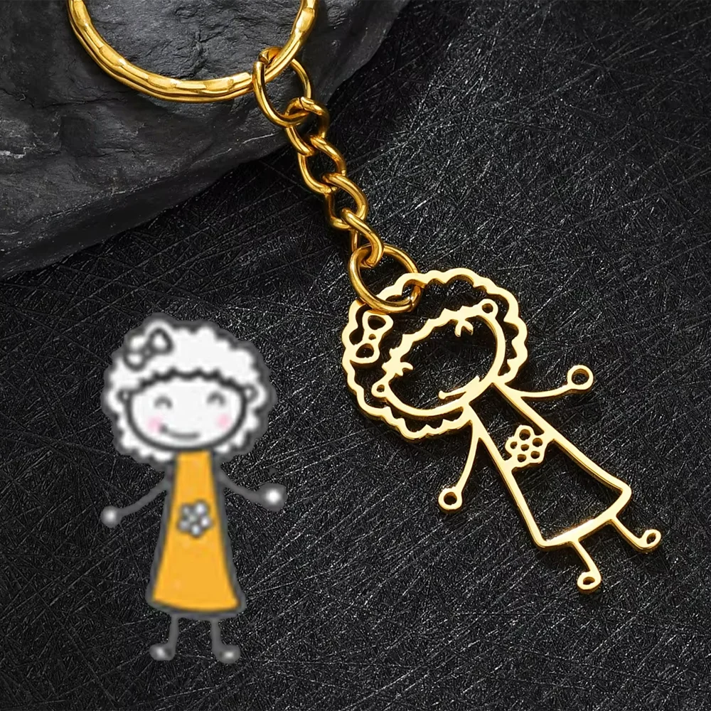 Custom Stainless Steel Children Drawing Pendant Keychain Kids Artwork Personalized Photo Logo Keyring Key Chains Jewelry Gifts