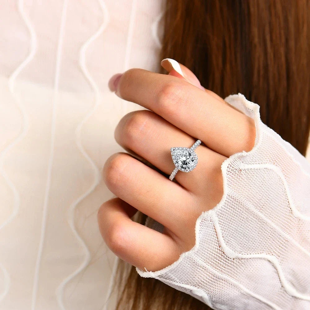 MINTYBOX Pear Cut 2.0CT Luxury Moissanite Ring Solid 925 Sliver 18K Gold Plated Engagement Halo Ring for Women Fine Jewelry Gift
