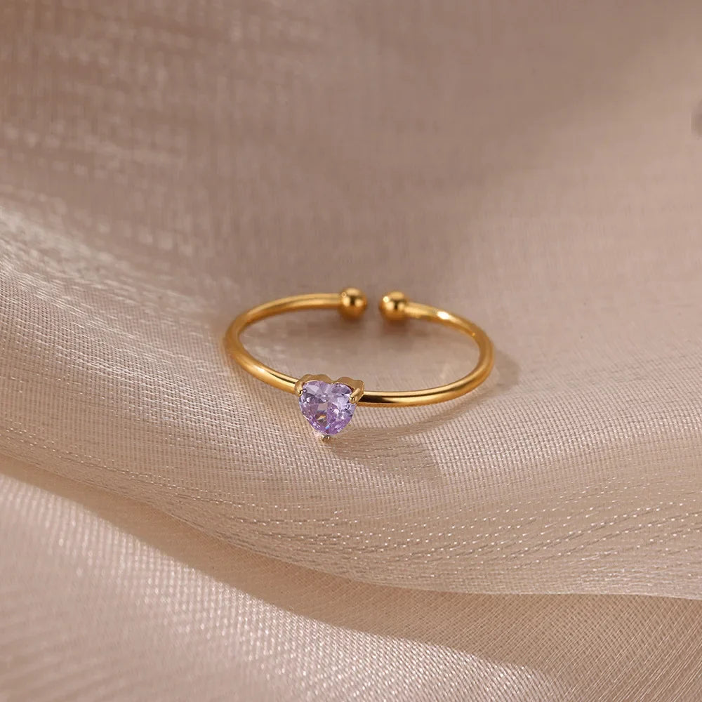 Stainless Steel Birthstone Open Rings for Women Fashion 12-color Crystal Zircon Heart Ring Birthday Aesthetic Jewelry Gift