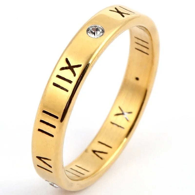 One Crystal Rings Fashion Jewelry Hollow Roman Numerals Stainless Steel Personalized Simplicity Accessories Women Rings