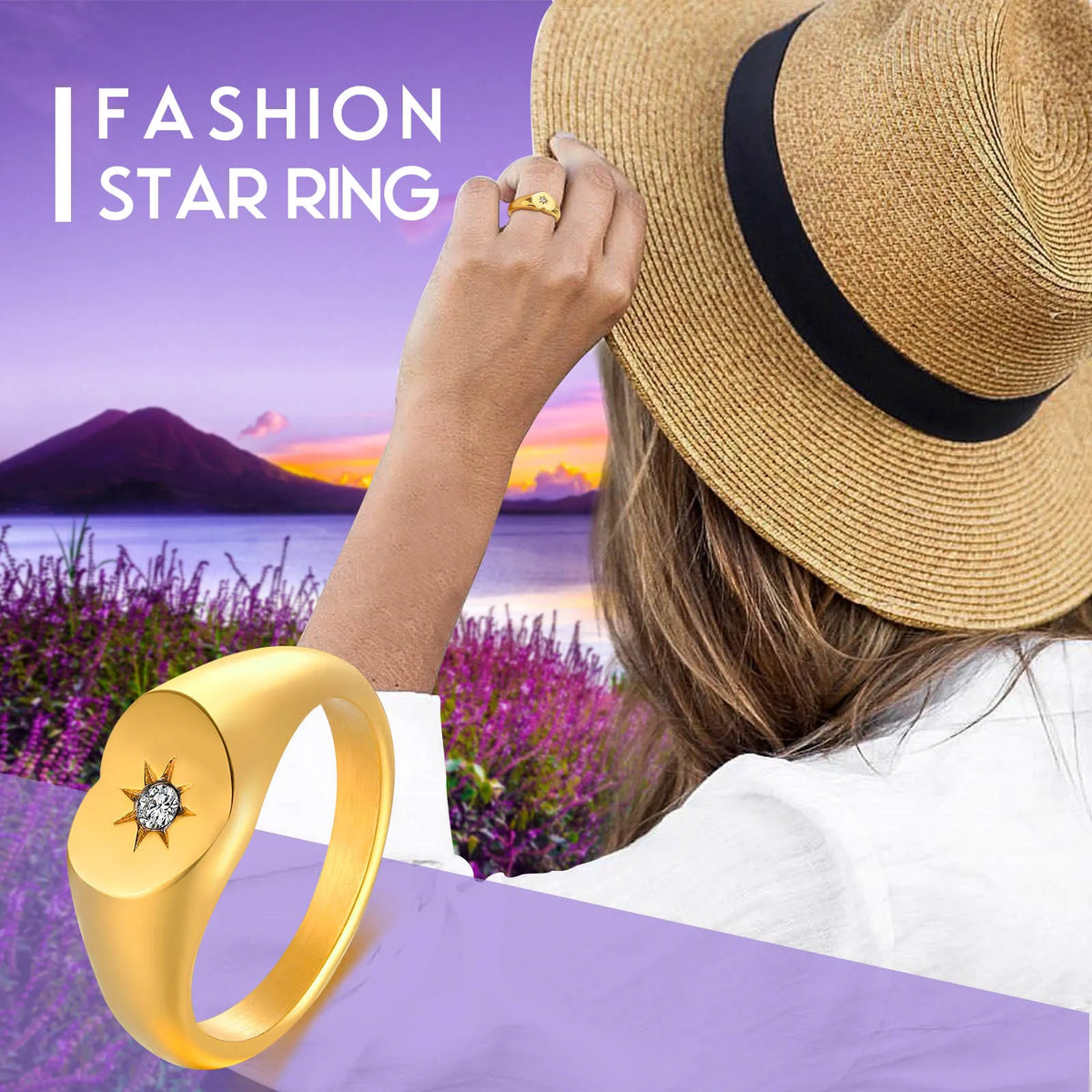 Stainless Steel Sunshine Signet Pinky Ring, Cubic Zirconia Inlay Ring Gold Plated, Non-Tarnish Fashion Jewelry
