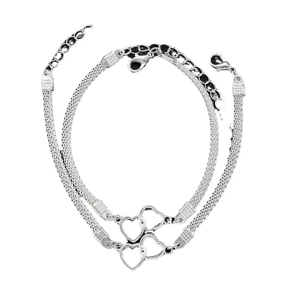 2 Pcs Set Love Heart Couple Bracelets for Women Men Silver Color Double Layer Matching Chain Bracelet Lover Jewelry Gift