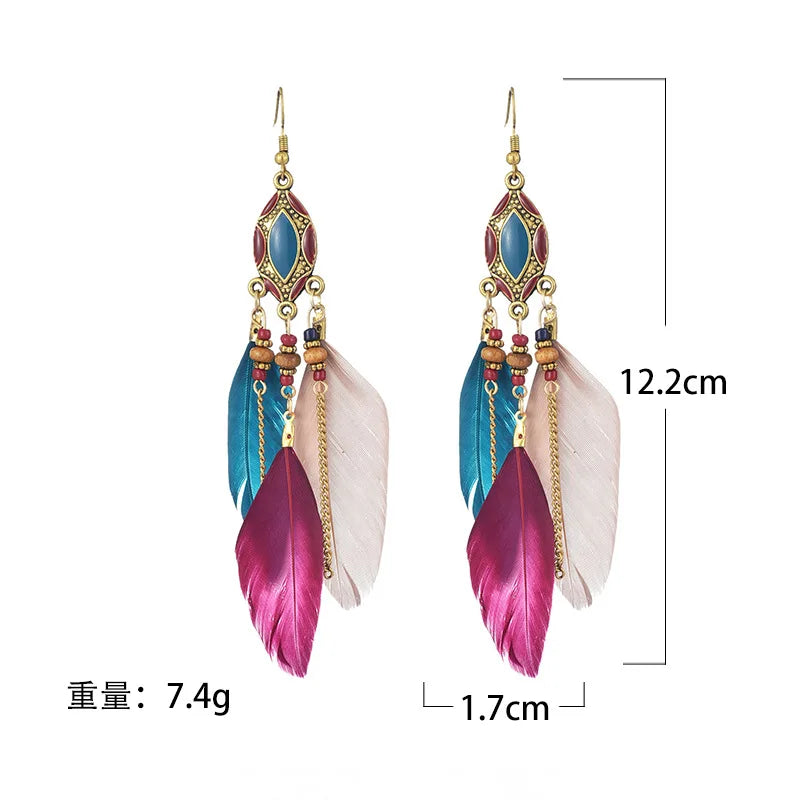 Bohemian Ethnic Feather Earrings For Women Long Tassel Beads Handmade Drop Dangle Earrings Girl Fashion Wedding Jewelry Gift