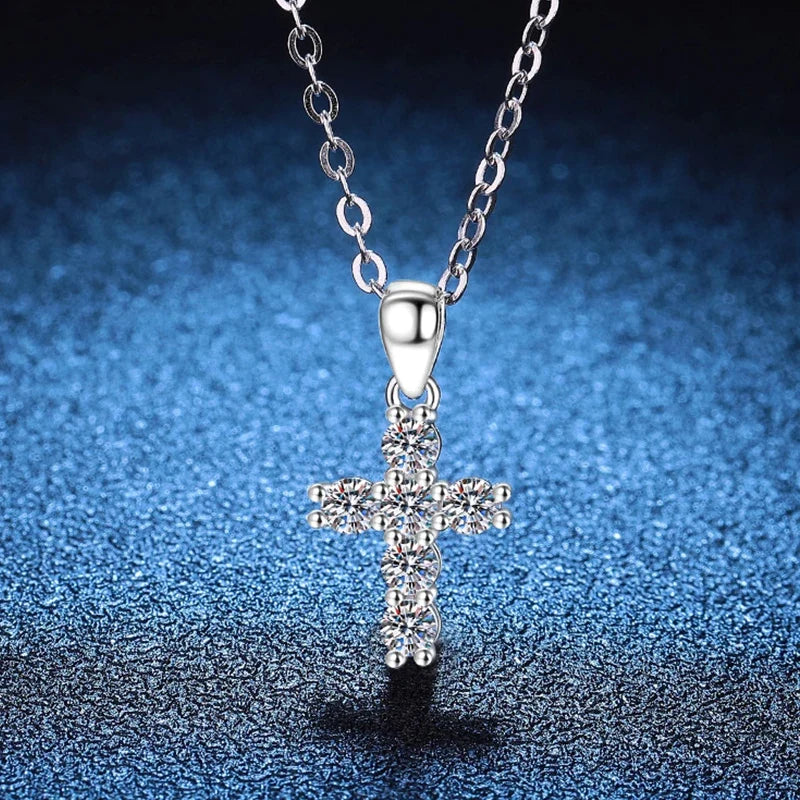 NeeTim 3mm D VVS1 Moissanite Cross Necklace for Women Lab Diamond Sterling Silver 925 Wedding Pendant Certified Necklaces