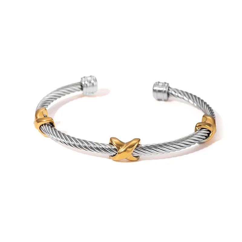 1pcs Stainless Steel Gold-plated Bangle Trendy Retro Hip-hop Style Bracelet Fried Dough Twists Steel Wire Rope Colorfast Bangle