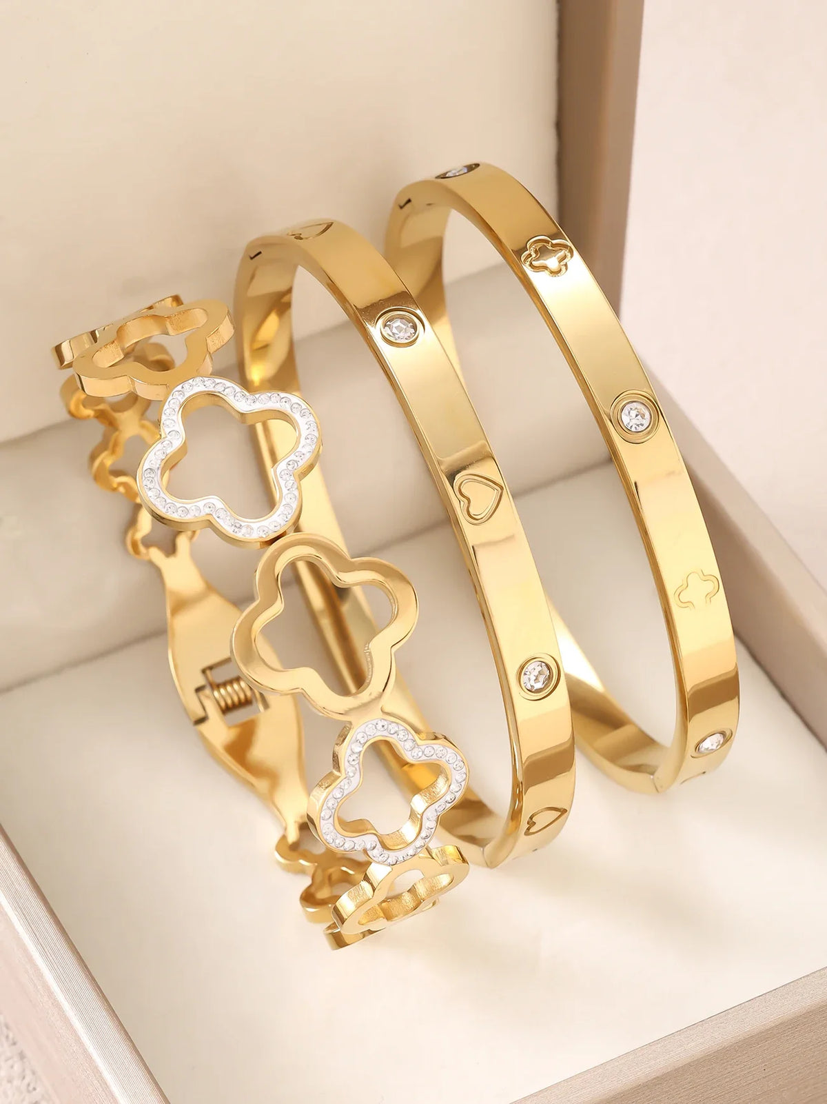 1pc 18K Gold Plated Stainless Steel Stackable Bracelet With Chain And Clover Design, Fashion Style For Women, Suitable For Casua