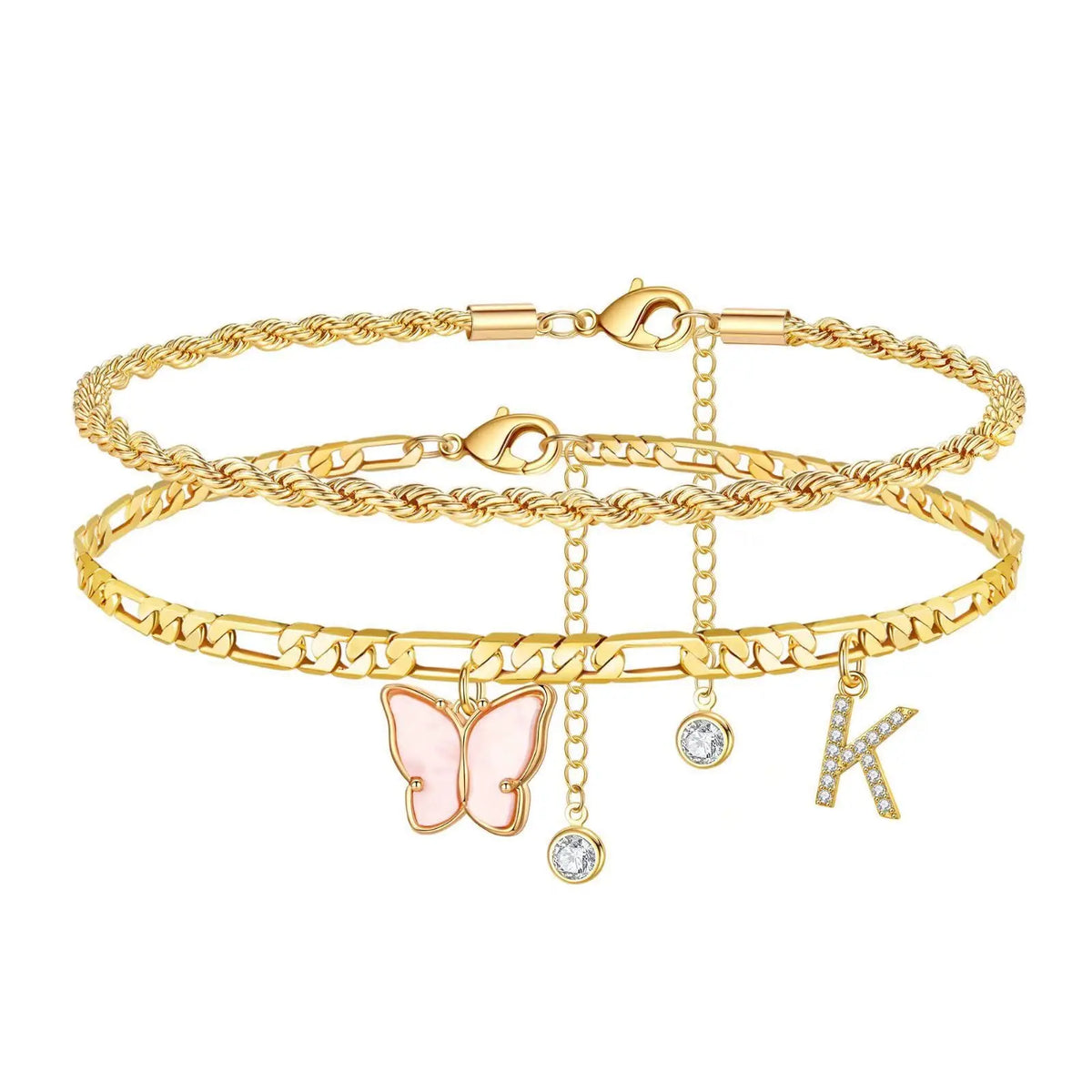 2Pcs Stainless Steel Initial Anklet Set For Women 26 Letter Acrylic Butterfly Charm Chain On Foot Summer Ankle Bracelet Jewelry