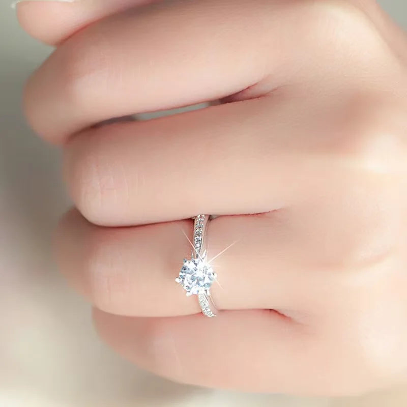 Luxury 925 Sterling Silver Classic Ring for Women Six Claw Jewelry Simple Imitation Diamond Women's Ring Engagement Wedding Gift