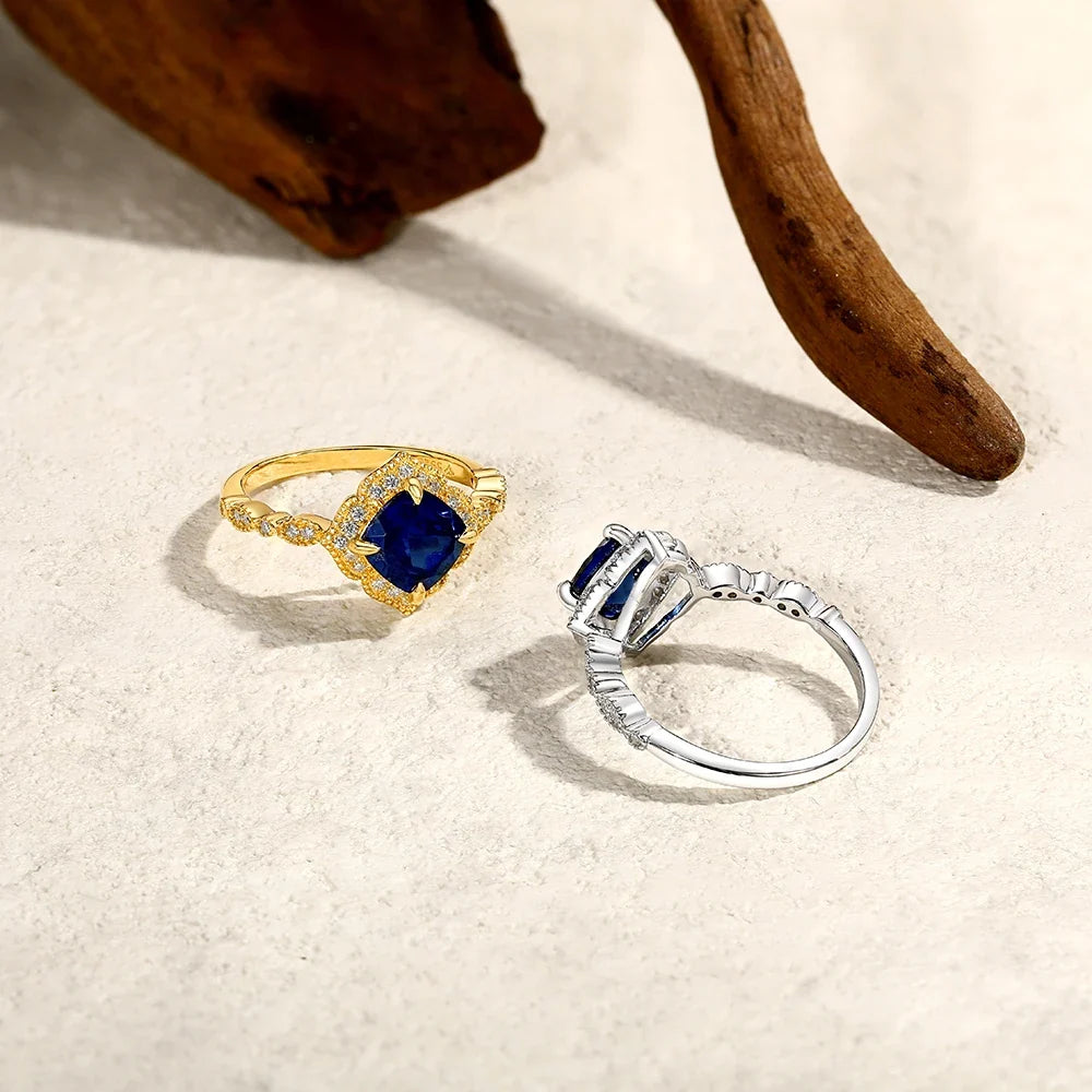 MINTYBOX S925 Silver 2.0ct Cushion Sapphire Engagement Rings for Women Lab Gemstone Halo Ring Wedding Fine Jewelry Bride's gift