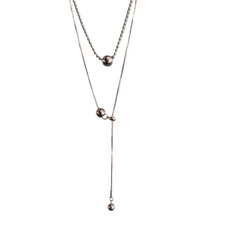 Personality Design Silver Color Stainless Steel Beaded Ball Pendant Necklace for Women Double Layer Hip Hop Rock Chokers Jewelry