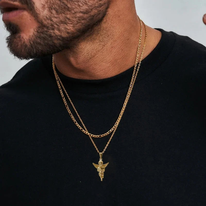 18K Gold Plated 3d Solid Angel Charm Stainless Steel Religious Cupid Angel Pendant Necklace For Men Jewelry