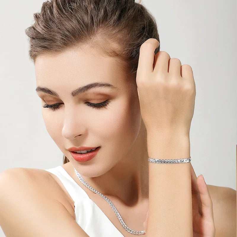 URBABY 925 Sterling Silver 2 Piece 6MM Full Sideways Chain Necklace Bracelet For Women Men Fashion Jewelry Sets Wedding Gift