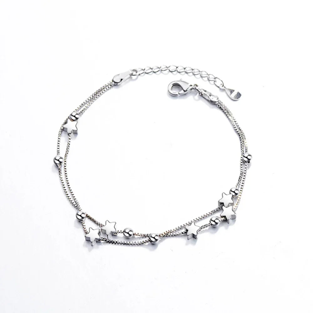 925 Stamp Silver Color Star Bracelet Fashion Korean Five-pointed Stars Crystal Double Bracelet Dropshipping Wholesale