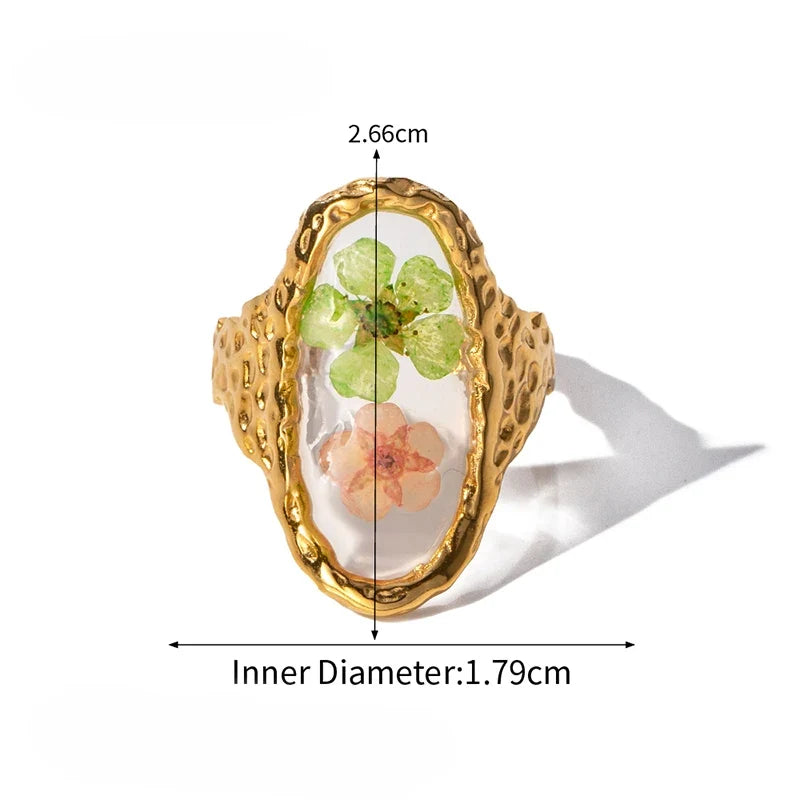 Light Cozy 18k Gold Plated Minimalist Polygonal Dry Flower Opening Ring Women Personalized Stainless Steel Statement Jewelry