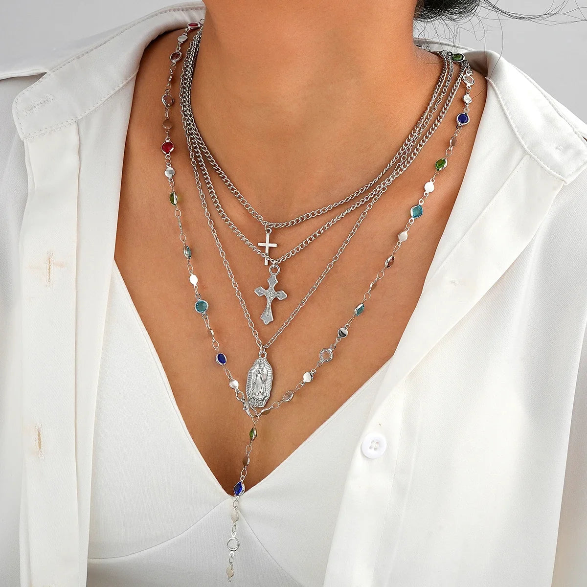 4Pcs/Set Cross Colorful Crystal Necklaces For Women Simple Gold Silver Color Y-Shaped Pendant Necklace Set New Christian Jewelry