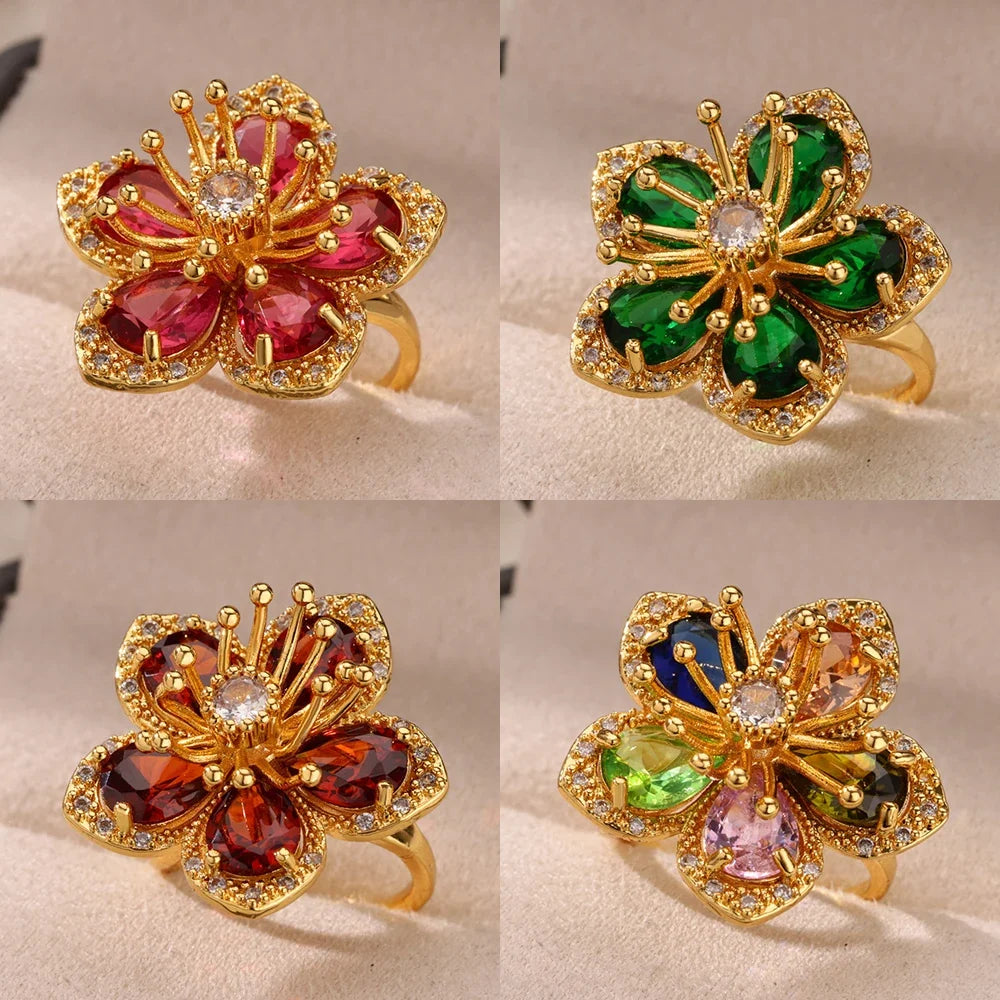 Luxury Colorful Zircon Flower Rings For Women Gold Color Stainless Steel Opening Ring Fashion Wedding Party Aesthetic Jewelry