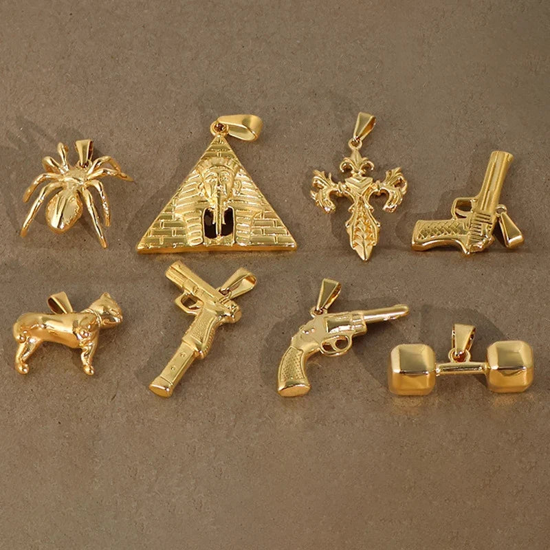 18k Gold Plated 316l Stainless Steel Vintage Pyramid Pharaoh Pistol Barbell Pendant Charm - Unisex Trendy Jewelry