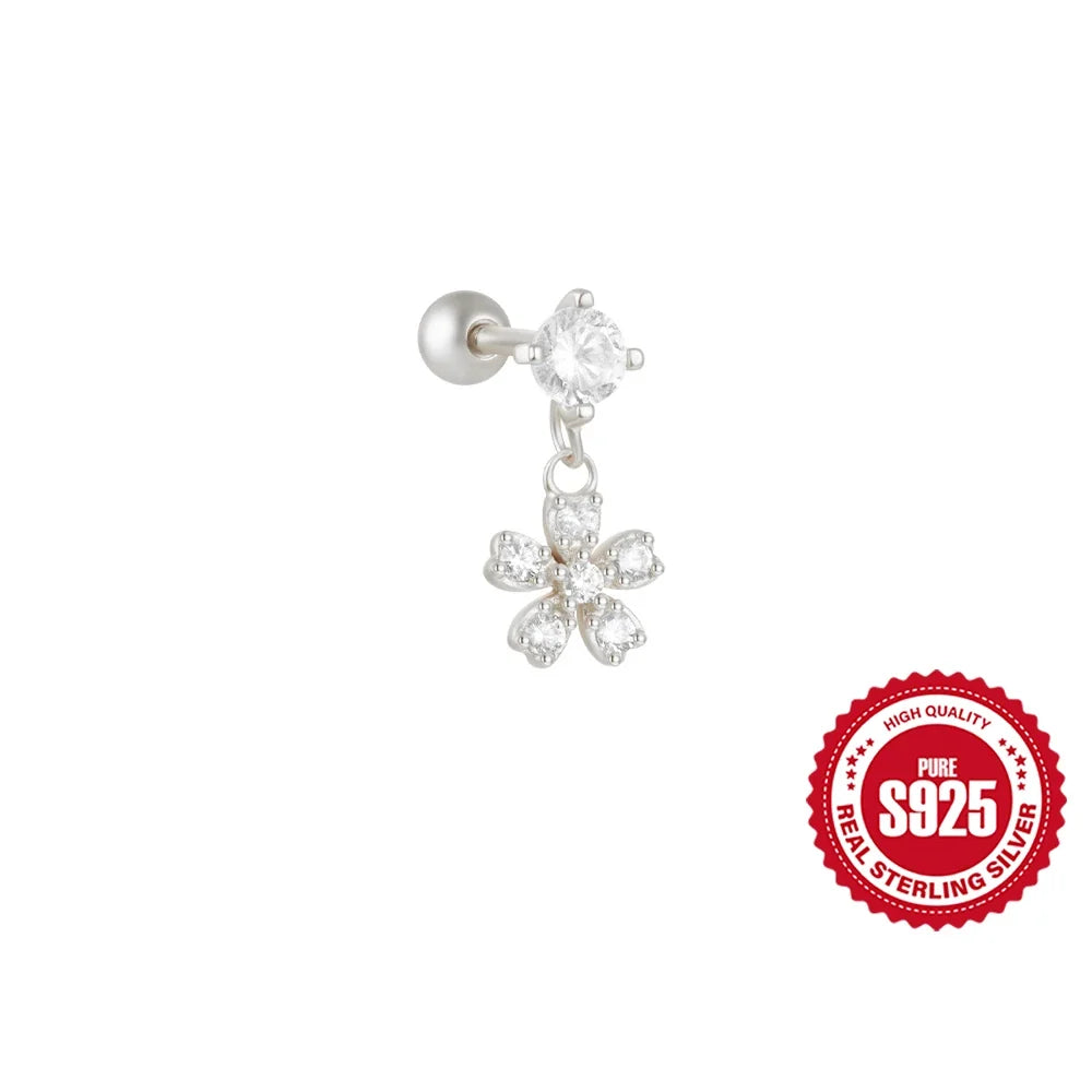 CANNER 1PC Four Pointed Star Moon Tassel Lotus Cartilage Spiral Puncture 925 Sterling Silver Stud Earring For Women Ins Earring