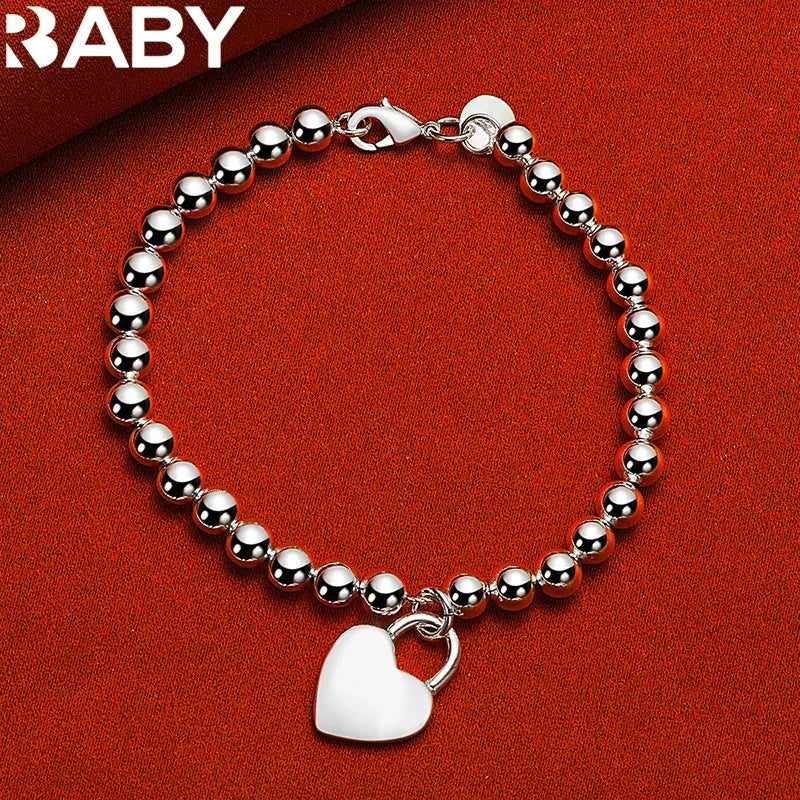 URBABY 925 Sterling Silver Smooth Beads Chain Heart Pendant Bracelet For Woman Wedding Party Fashion Jewelry Gift