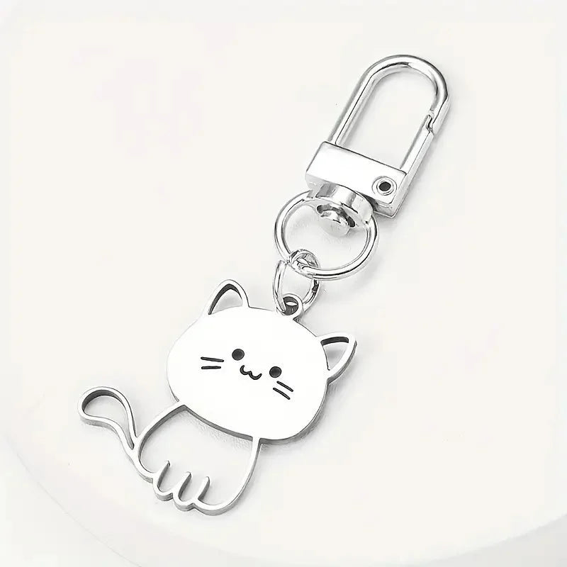 Stainless Steel Lovely Cat Keychain Couple Lover Animal Matching Keyring Cat Eating Fish Pendants Valentine's Day Gifts 2025 New