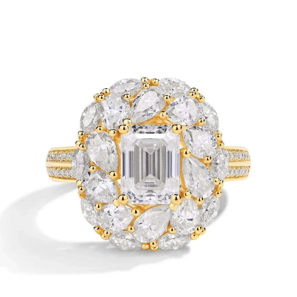 MINTYBOX 2.0ct Flower Design Halo Emerald Cut Engagement Ring Lab Diamond S925 Silver Moissanite Rings For Women 18K Gold Plated