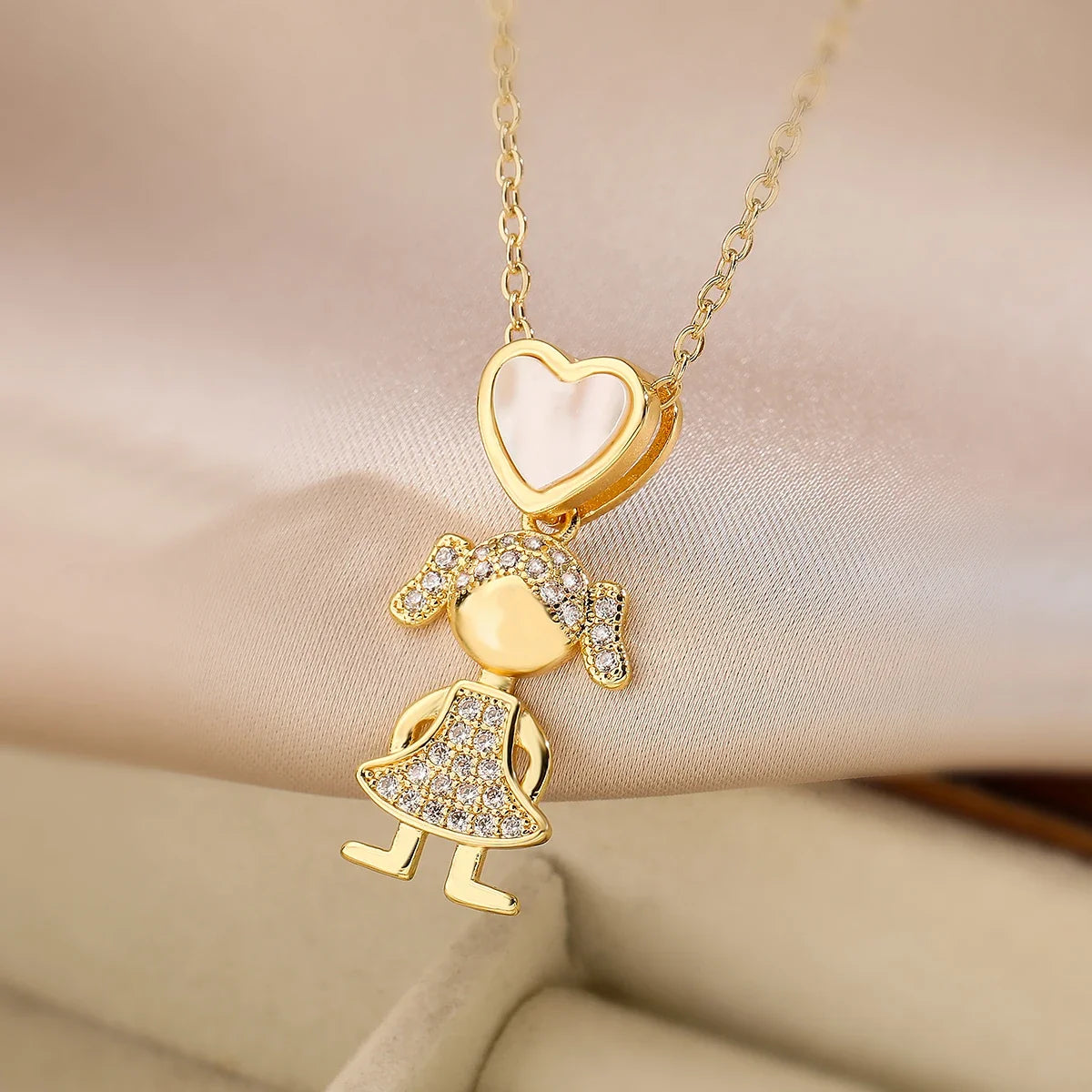 NEWBUY Delicae Gold Color Heart Boy & Girl Pendant Necklaces For Women Shiny CZ Inlay Jewelry Mother's Day Gift