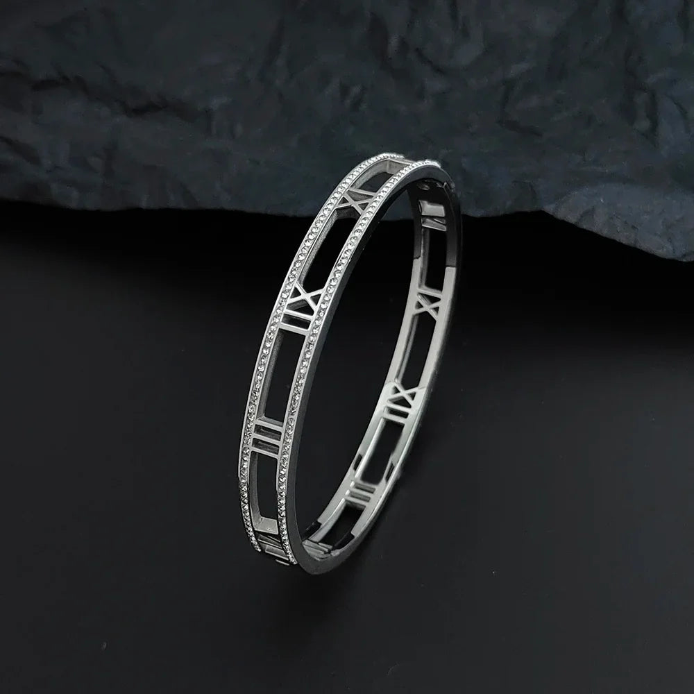 Luxury Crystal Hollow Roman Numeral Bracelets For Women Men Stainless Steel Unisex Bangle Fashion Classic Jewelry Accessories