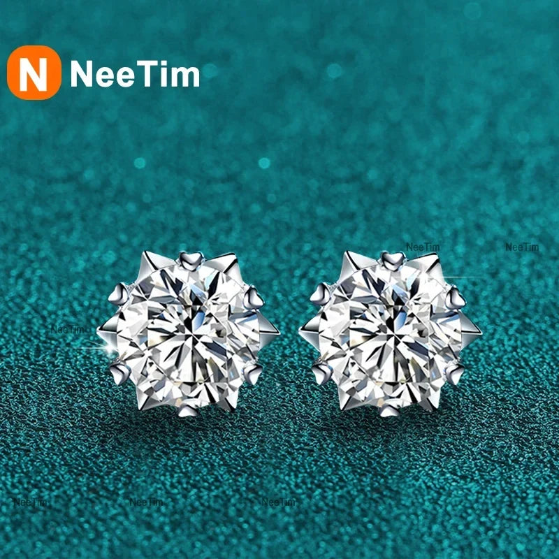 NeeTim 0.3ct-2ct Moissanite Earrings Lab Diamond 925 Sterling Silver with Gold Plated Snowflake Studs Earring Wedding Jewelry