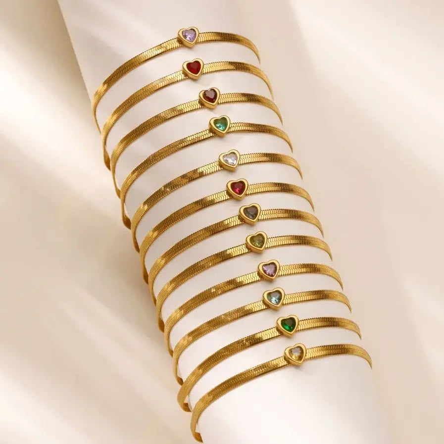 Zircon Birthstone Heart Bracelets For Women Gold Color Stainless Steel Heart Bracelet Wedding Birthday Luxury Jewelry Gift