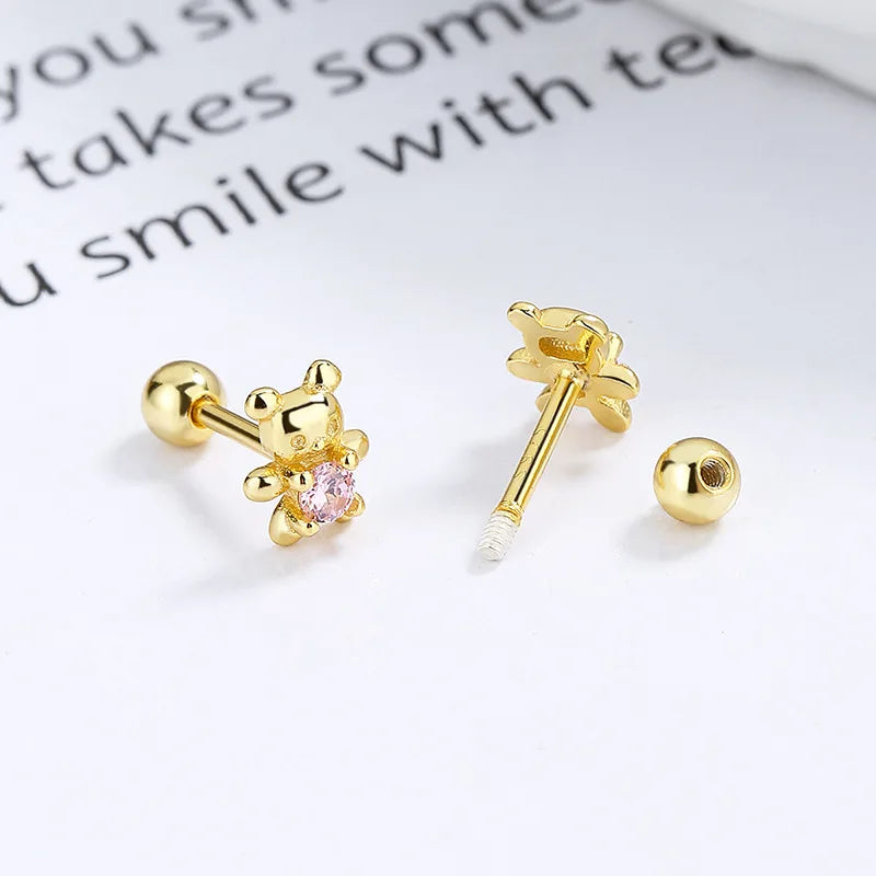 925 Sterling Silver Adorable Bear Ear Studs Screw-On Ear Plugs Stylish Ear Jewelry Exquisite Gift