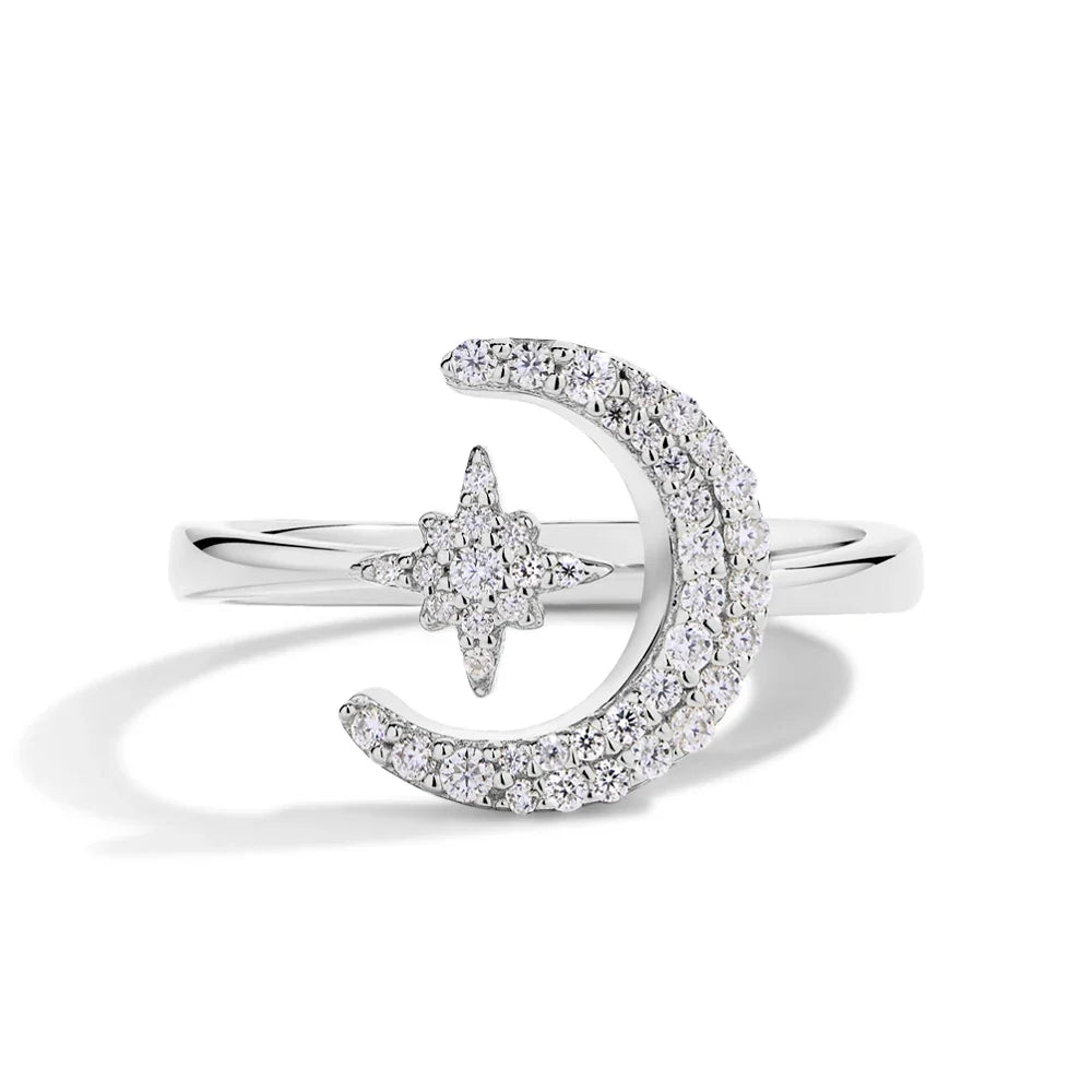 MINTYBOX 0.242CTW Star Moon S925 Sterling Silver Moissanite Rings For Women Lab Diamond Ring 18K Gold Plated Wedding Jewelr Gift