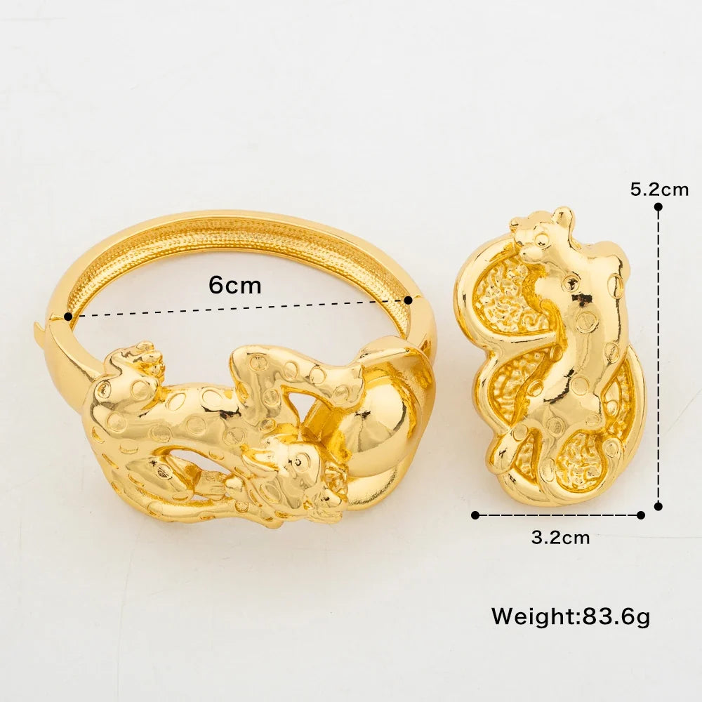 Gold Color Bangle with Ring Set Ladies Elegant Lovely Bow Design Hand Bracelet and Finger Ring Weddings Bride Bangle Jewelry Set