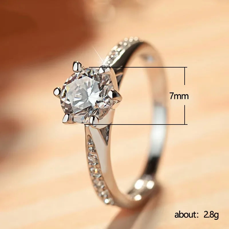 Luxury 925 Sterling Silver Classic Ring for Women Six Claw Jewelry Simple Imitation Diamond Women's Ring Engagement Wedding Gift