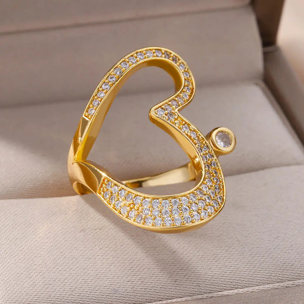 Stainless Steel Heart Rings For Women Gold Color CZ Crystal Zircon Open Finger Ring Wedding Aesthetic Jewerly Gift anillos