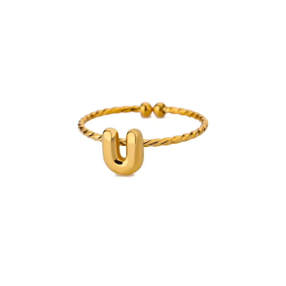 Cute Chunky Initial Letter Rings For Women Gold Color Stainless Steel A-Z Letter Adjustable Ring Aesthetic Wedding Jewelry Gift