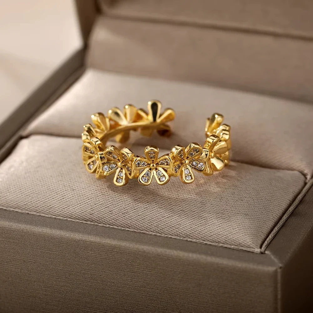 Stainless Steel Zircon Geometric Rings For Women Luxury Evil Eye Gold Color Adjustable Trendy Wedding Aesthetic Jewerly Gift