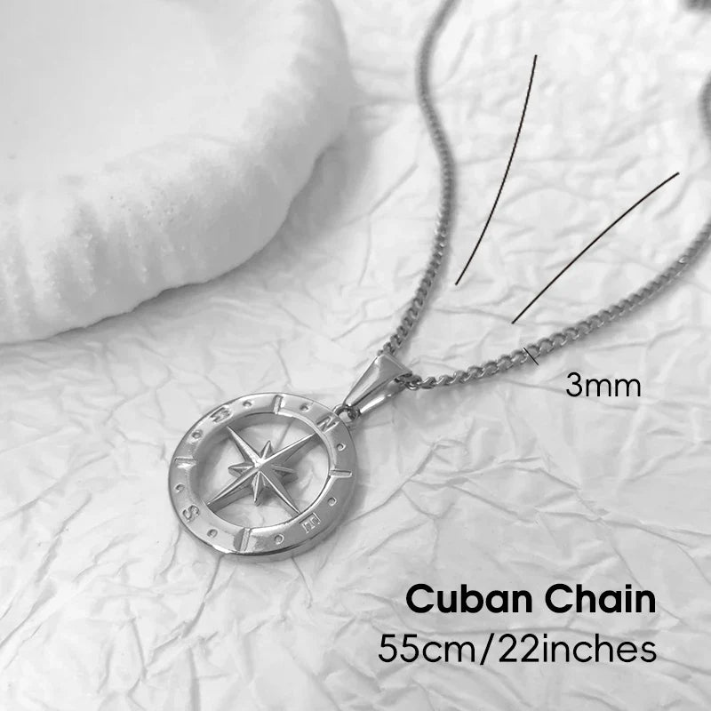 Hip Hop Men 18K Gold Plated Stainless Steel Compass Pendant North Star Charm Necklace Waterproof Jewelry For Men Gift